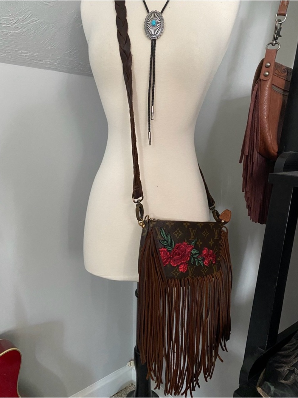 Louis Vuitton Fringe Crossbody Bag with Red Rose Embroidery - Brown - Picture 4 of 13